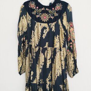 ZARA Navy Velvet Mini Dress XS with Gold Thread & Embroidery